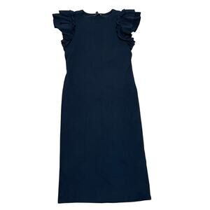 Express Black Bodycon Ruffle flutter‎ sleeve Tank Stretch Ribbed midi Dress Sz L